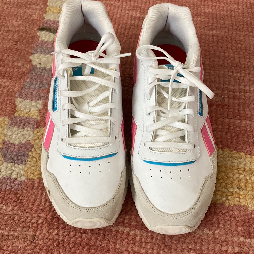 White pink and blue Reebok Royal Classics